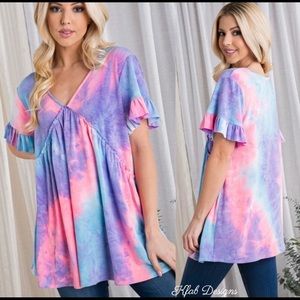New! Clearance 🔥Purples Tie Dye V Neck Ruffle Sleeve Babydoll Top